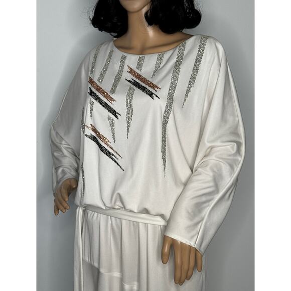 Vintage 1980s Riccardo White Batwing Dress Sequin Geometric Design medium - Picture 6 of 16